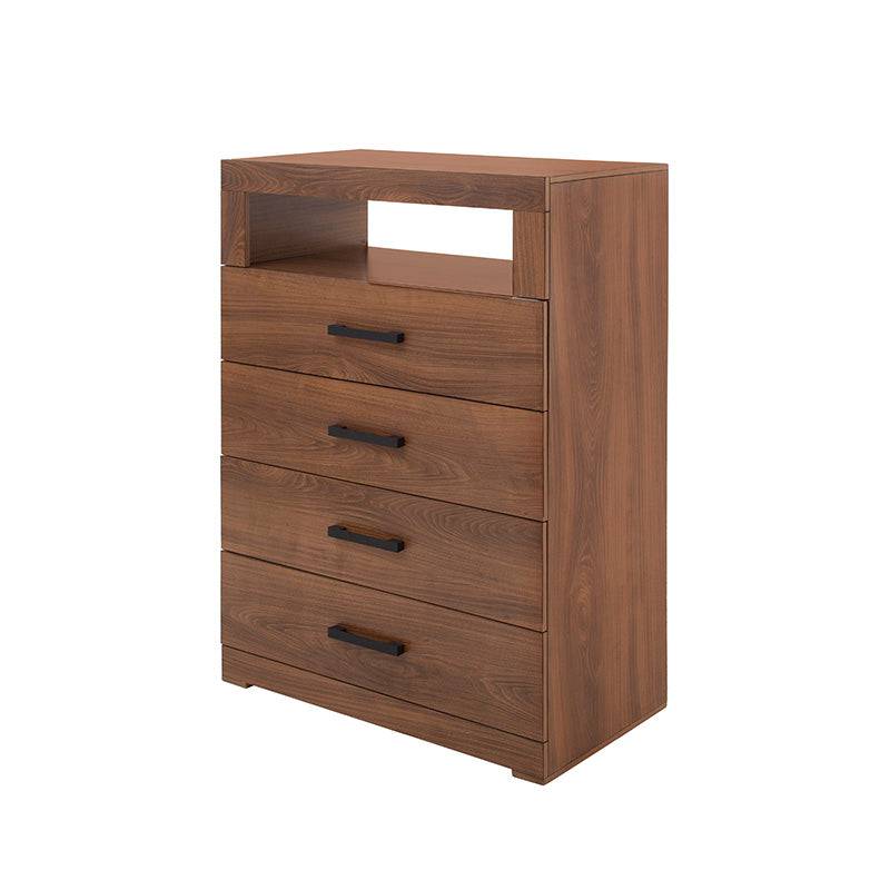 Comoda Nogal de estilo industrial en madera para recámara Alejandria, con superficie de 70 cm de ancho y 105 cm de alto.