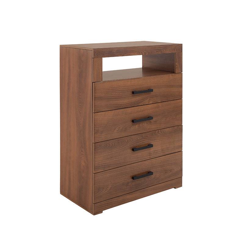 Comoda de recámara Alejandria de madera industrializada en color nogal con 5 piezas y diseño moderno.