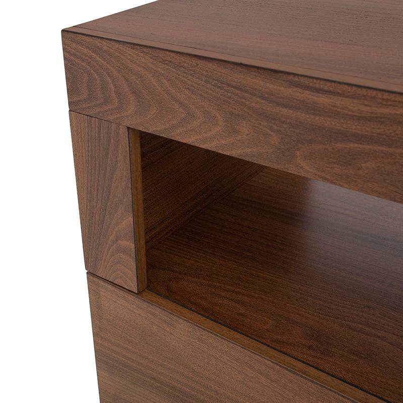 Comoda Nogal de estilo industrial en juego de recámara Alejandria de 5 piezas, madera robusta y diseño moderno en madera.