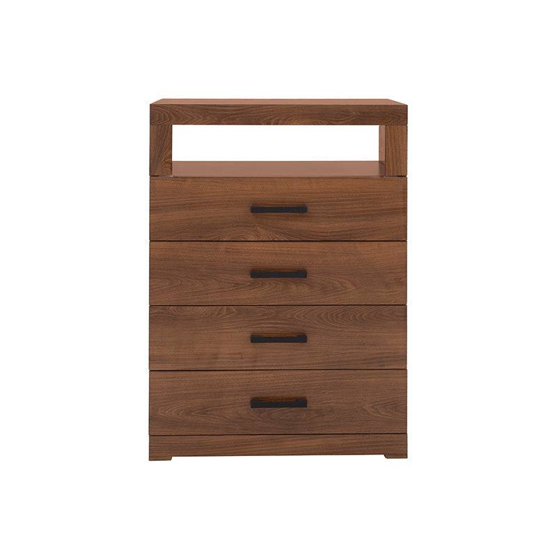 Juego de recámara Alejandria de deurope.com.mx, con cómoda de madera nogal y estilo industrial, frente de 70 cm y altura de 105 cm.