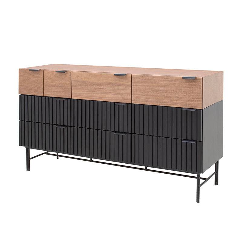 Comoda Jess de madera de pino y chapa de nogal en acabado negro, con dimensiones de 140 cm de ancho y 80 cm de alto