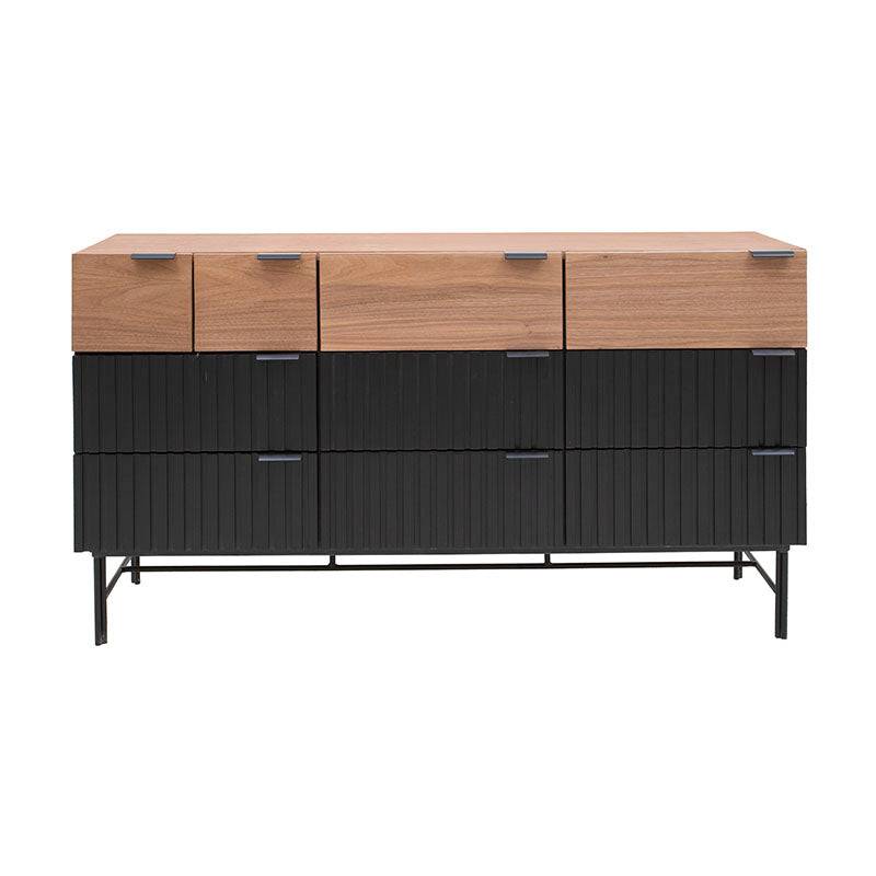 Cómoda Jess de madera de pino y chapa de nogal en color negro, con 140 cm de ancho y 80 cm de alto, frente de madera.