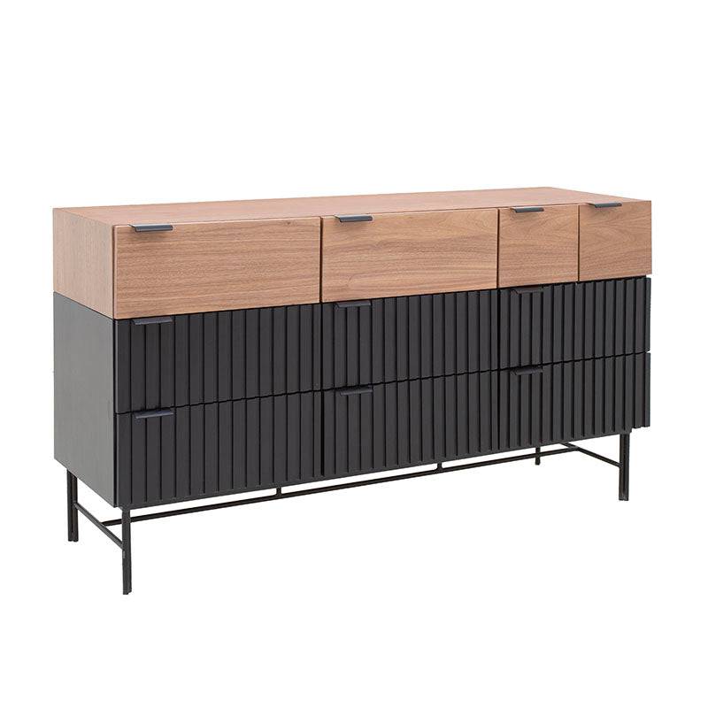 Cómoda Jess de madera de pino y chapa de nogal en acabado negro, con 140 cm de ancho, 80 cm de alto y 40 cm de fondo.