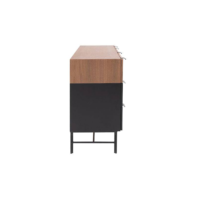 Cómoda Jess de madera de pino y chapa de nogal en color negro, con 140 cm de ancho, 80 cm de alto y 40 cm de fondo.
