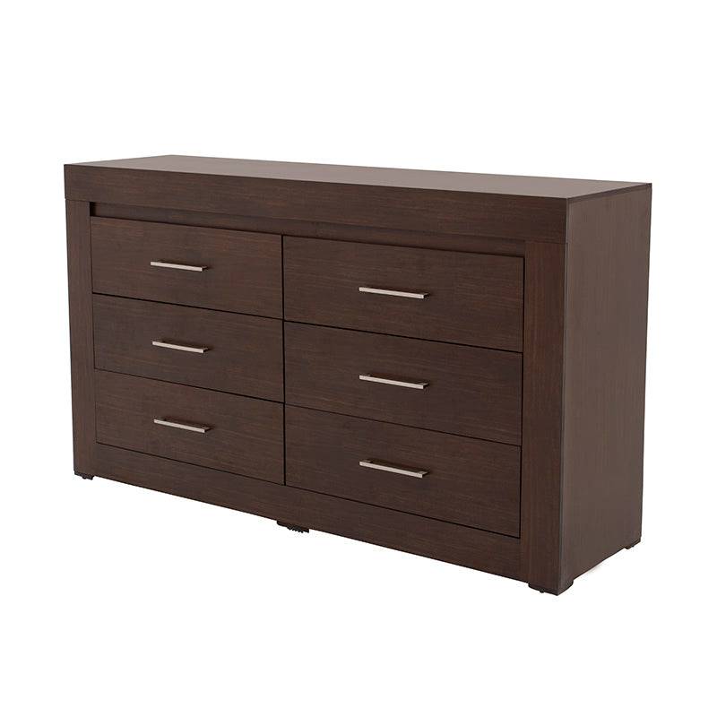 Comoda Boston deore, madera nogal oscura, con diseño industrial, frente de 160 cm, alto 90 cm y fondo 46 cm, en recámara moderna