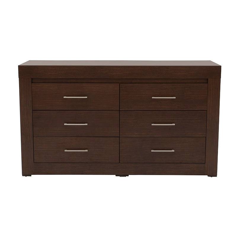 Comoda Boston de 5 piezas en nogal oscuro, estilo industrial, con frente de 160 cm, alta de 90 cm y fondo de 46 cm, de deurope.com.mx