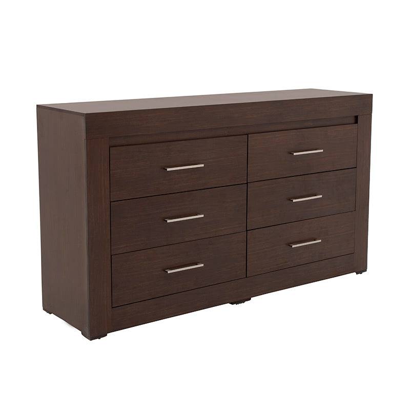 Comoda Boston de 5 piezas en nogal oscuro con estilo industrial, madera sólida y diseño elegante para recámara moderna.