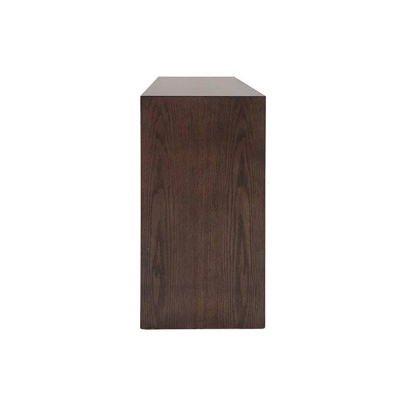 Consola Ripol de estilo industrial en madera enchapada en encino gris oscuro, perfecta para sala o entrada.
