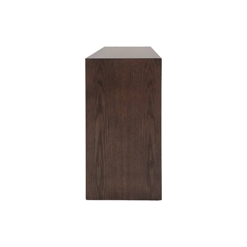 Consola Ripol deorope.com.mx en acabado gris oscuro y madera industrializada enchapada en encino, estilo moderno y elegante.