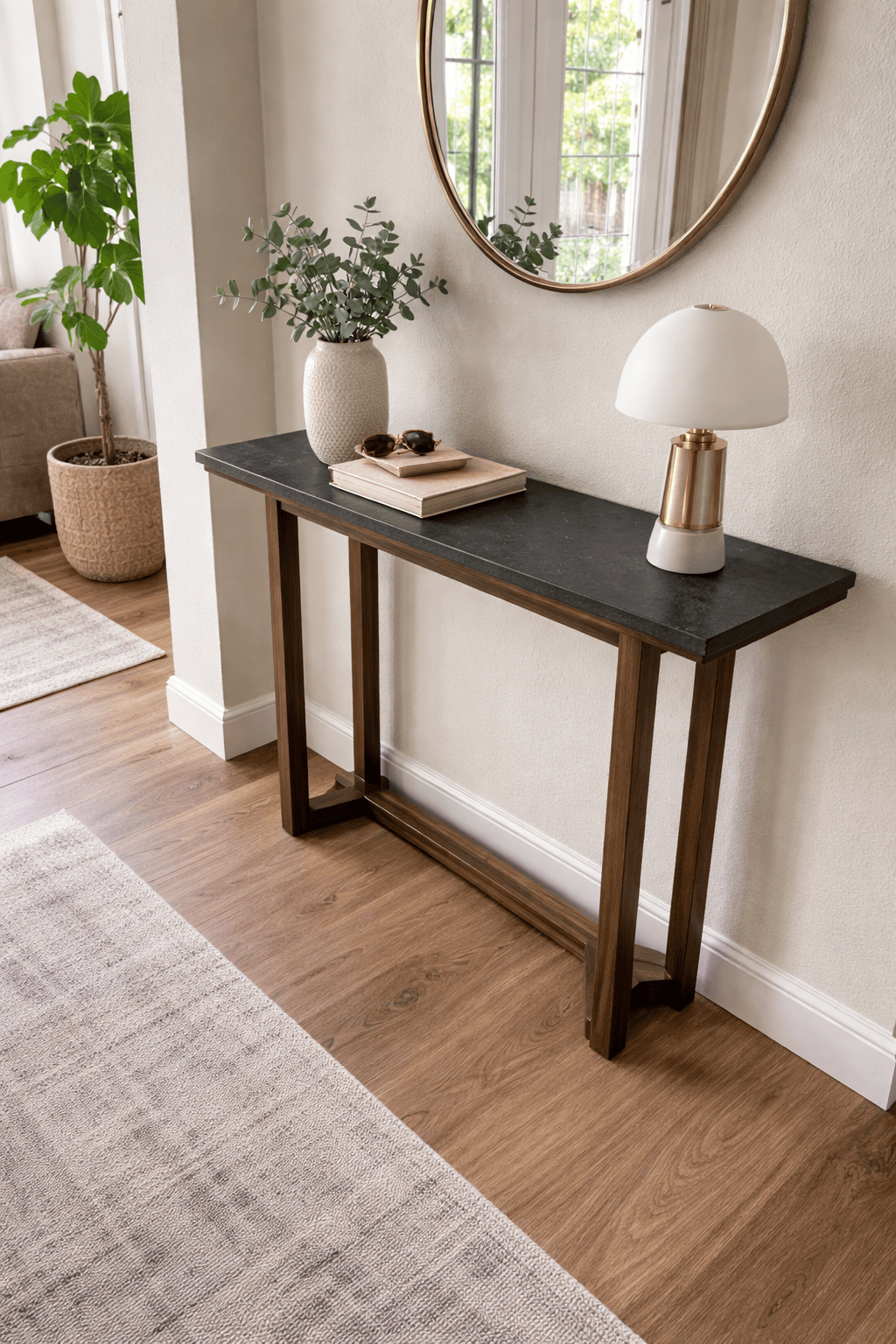 Consoleta Montecarlo de madera oscura, consola decorativa de estilo clásico, diseñada para entrada o sala.