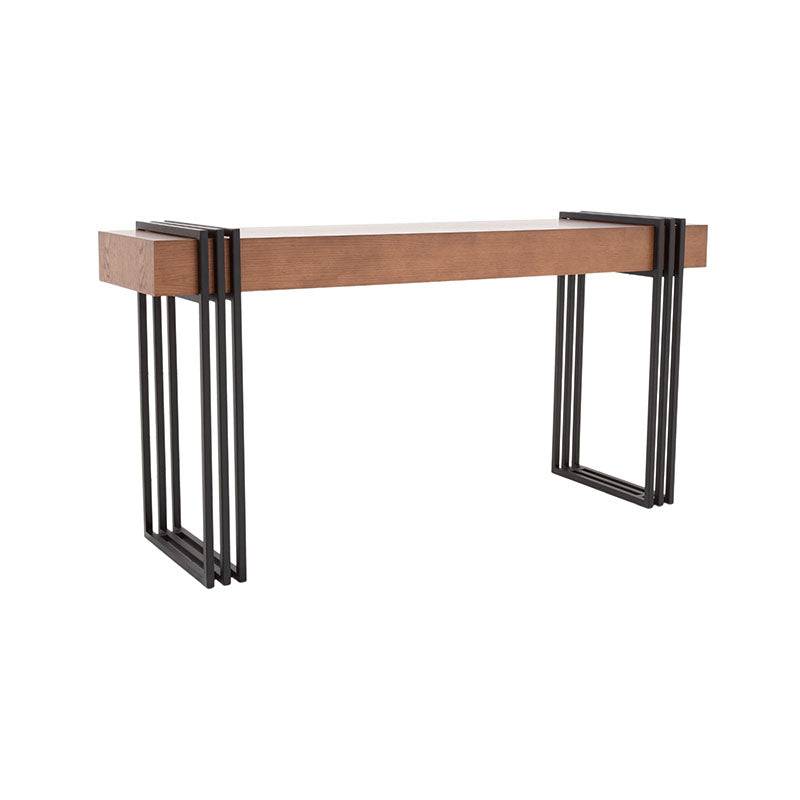 Consola Bennet de deurope.com.mx en madera de encino y estructura metálica, negra y nogal, con dimensiones 160x80x40 cm.