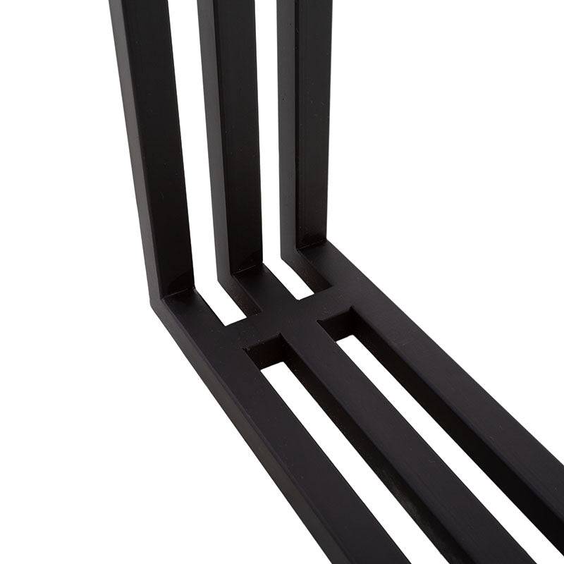 Consola Bennett de Deurope en negro y nogal, estructura metálica, chapa de encino, medida 160x80x40 cm, diseño elegante.