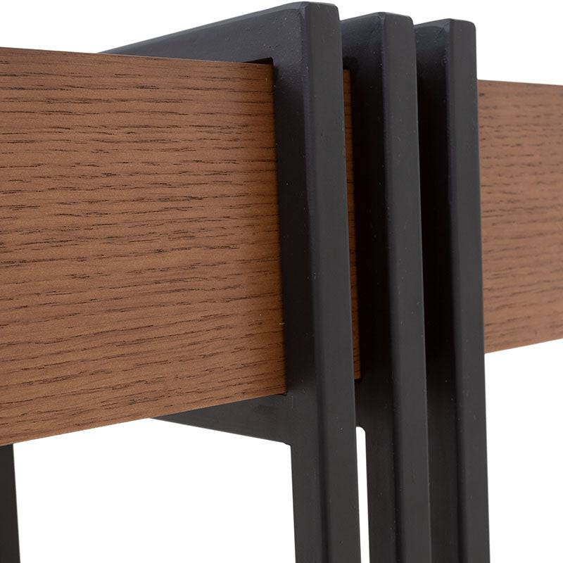 Consola Bennett de madera en chapa de encino y estructura metálica negra, mide 160x80x40 cm, estilo moderno y elegante.