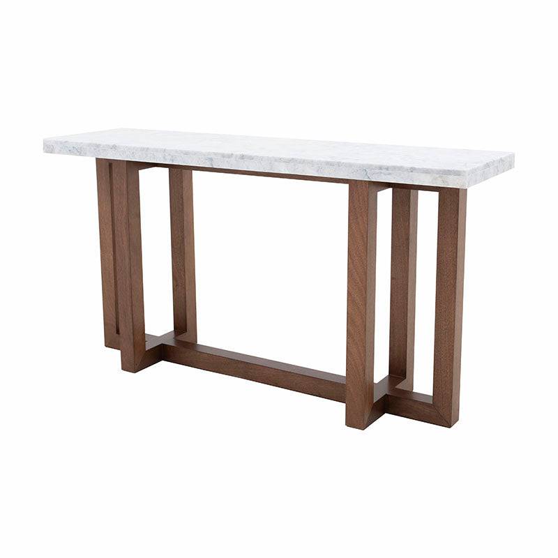 Consola Kaori deurope.com.mx de madera de nogal con cubierta de mármol veneciano, frente elegante y diseño moderno.