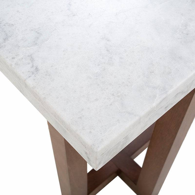 Consola Kaori de Deurope con acabado en nogal, tapa de mármol veneciano y dimensiones de 150 cm de ancho, 79 cm de alto y 40 cm de fondo