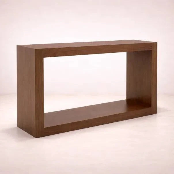 Consola de madera Nogal Berne Made de aproximadamente 140 cm de ancho, 80 cm de alto y 40 cm de fondo, diseñada por deurope.com.mx