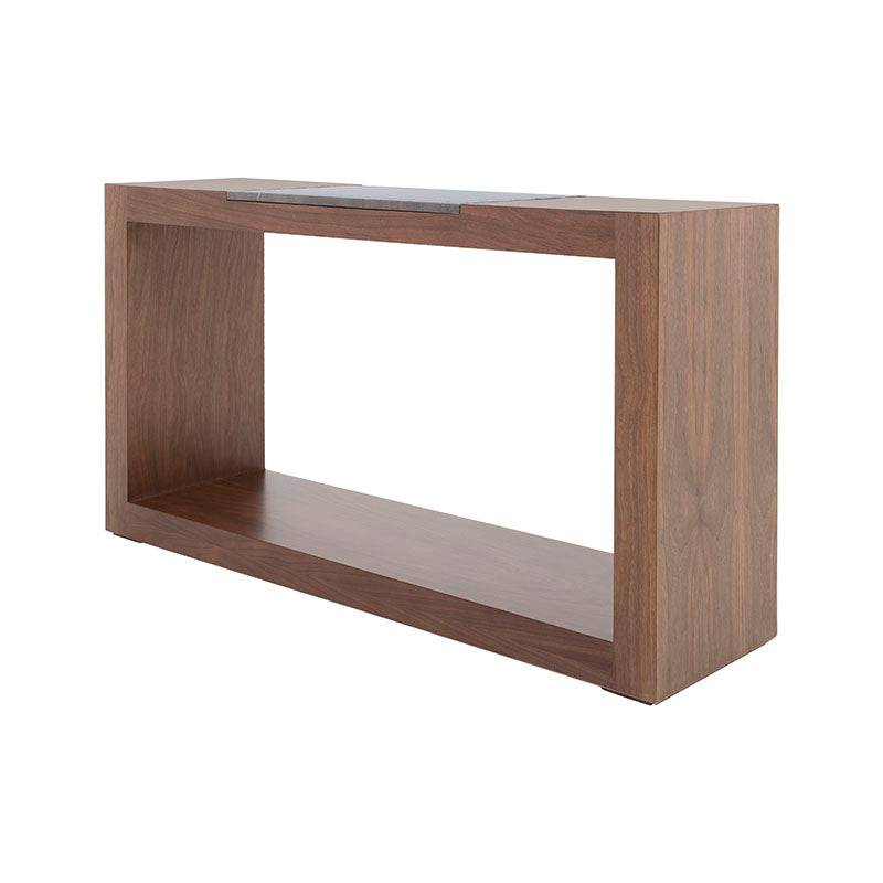 Consola Berne de madera de nogal con chapa gris y placa de mármol en la parte superior, 140 cm de ancho, 80 cm de alto.