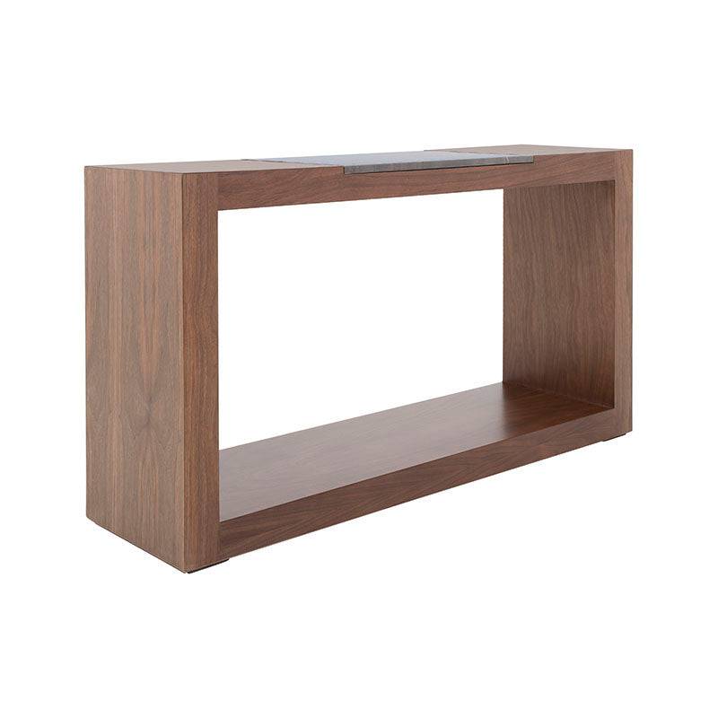 Consola Berne de madera nogal y chapa gris con placa de mármol, 140 cm de largo, en un entorno moderno y elegante.