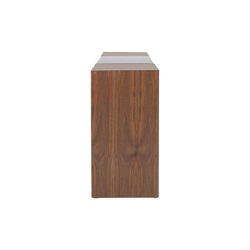 Consola Berne de madera de nogal y placa de mármol, de aproximadamente 140 cm de largo, en acabado gris y nogal.