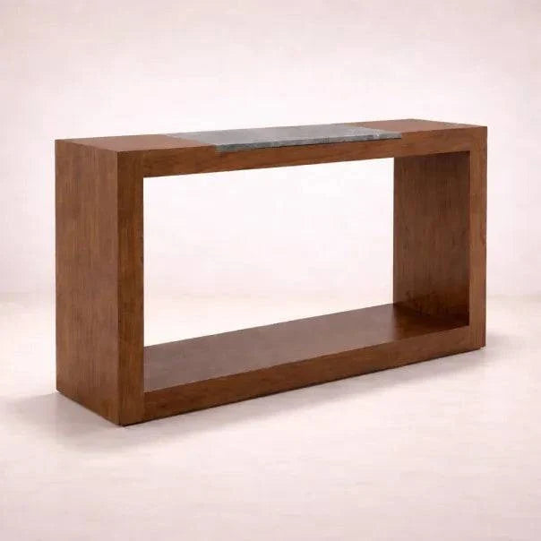 Consola Berne de madera de nogal gris con chapa y placa de mármol, frente, 140 cm de ancho, 80 cm de alto y 40 cm de fondo.