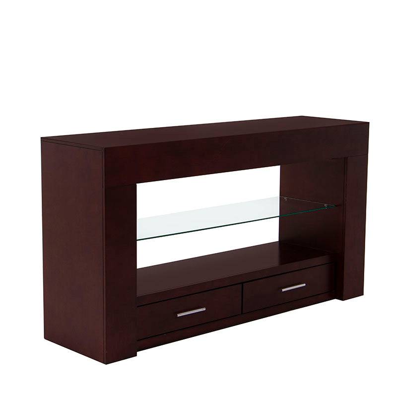 Consola London de madera de pino enchapada en maple americano, con diseño elegante y acabado en nogal, frente de 150 cm.