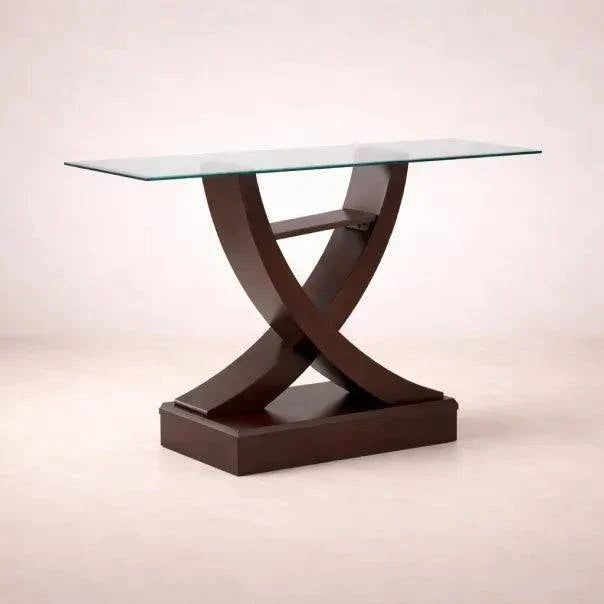 Juego de comedor Aragón de 8 piezas de madera nogal con cubierta de cristal, consola de diseño elegante y dimensiones 130x83x42 cm.