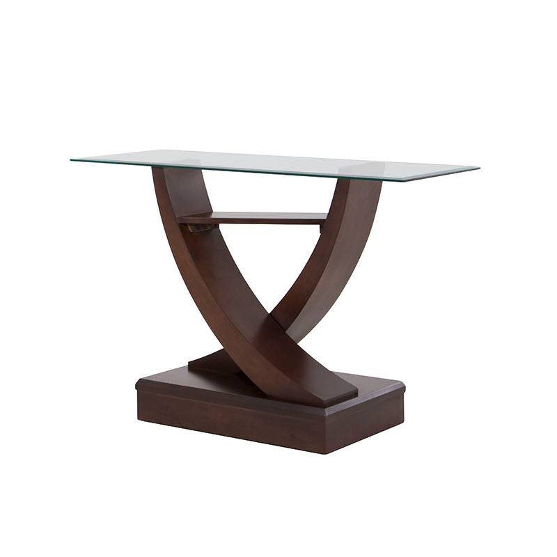 Juego de comedor Aragón de 8 piezas en madera nogal con cubierta de cristal, con consola de diseño moderno y elegante.