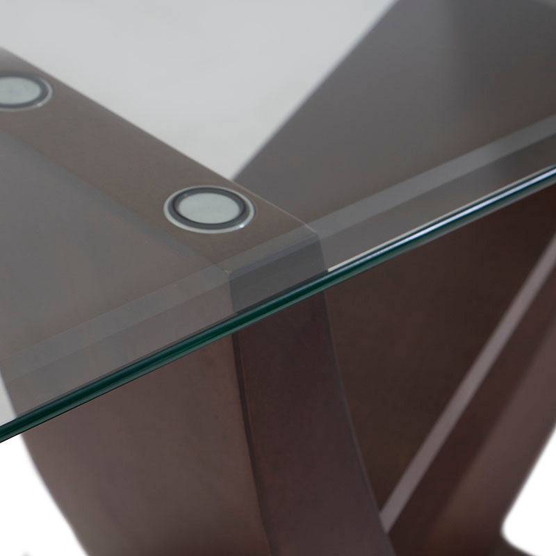 Conjunto de comedor Aragón de 8 piezas de madera Nogal con cubierta de cristal y estructura moderna en color oscuro.