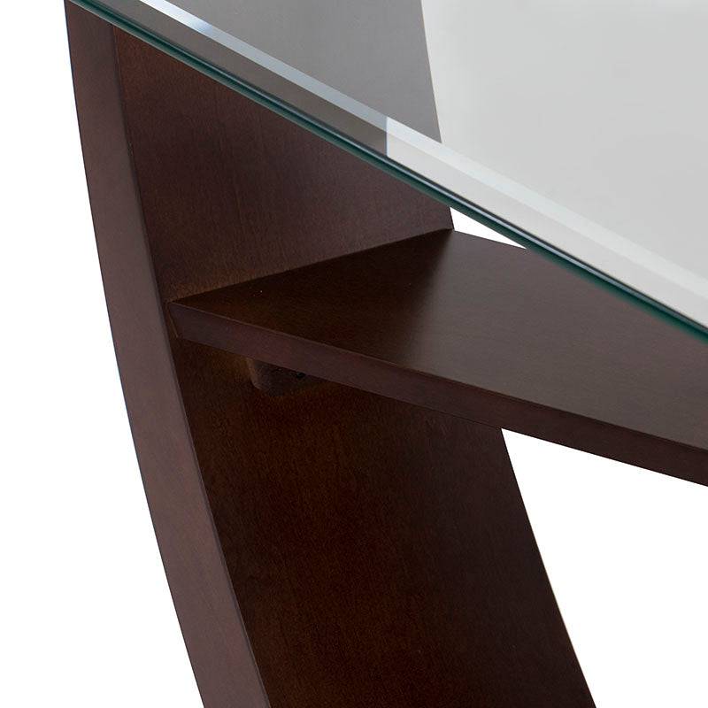 Conjunto de comedor Aragón de 8 piezas con estructura de madera nogal y cubierta de cristal, estilo moderno y elegante.