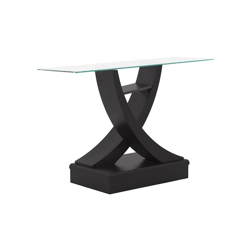 Juego de comedor Aragón de madera nogal con superficie de cristal, incluye 8 piezas y consola en acabado oscuro.
