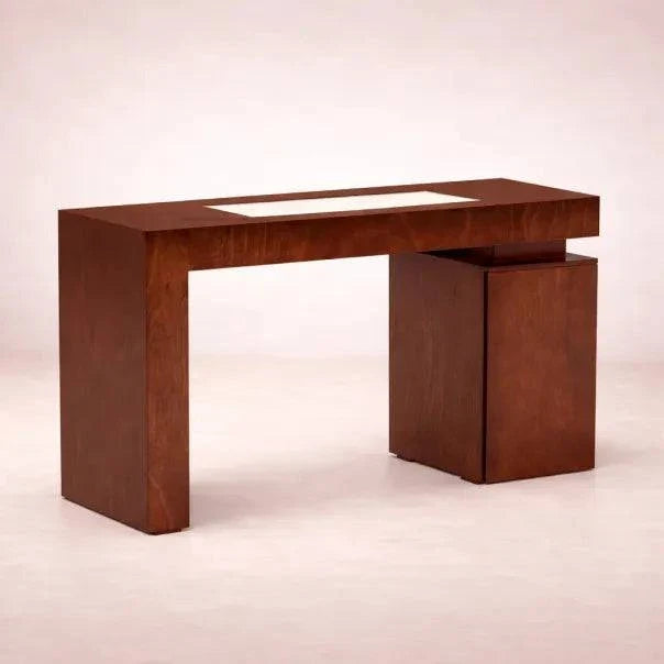 Consola Tamayo de madera con chapa de caoba y placa de mármol, mide 140 cm de ancho, 75 cm de alto y 40 cm de fondo.