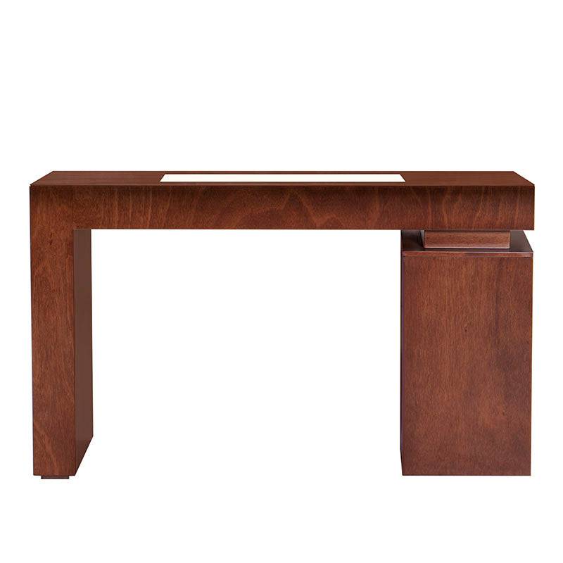 Consola Tamayo de madera con chapa de caoba y placa de mármol en frente, mide 140 cm de ancho, 75 cm de alto y 40 cm de fondo.