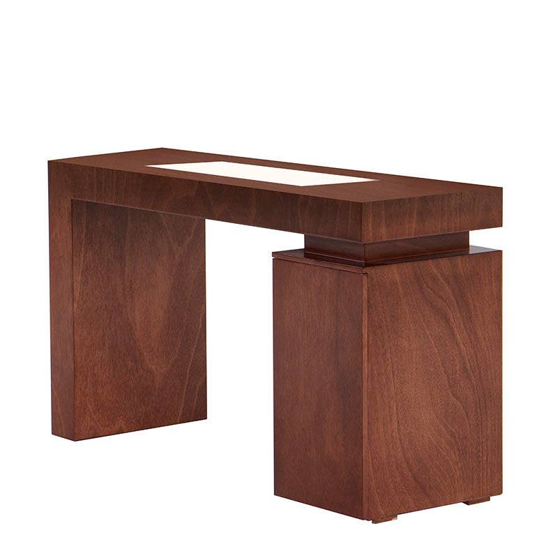 Consola Tamayo de madera con chapa de caoba y placa de mármol en frente, de aproximadamente 140 cm de ancho y 75 cm de alto.