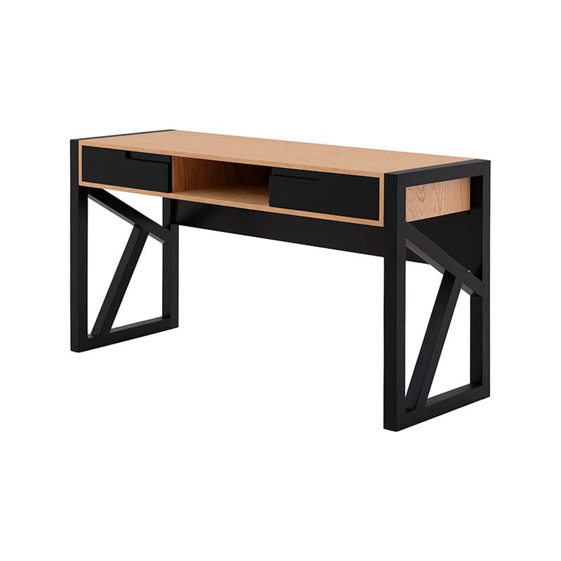 Escritorio Celta de madera industrializada en acabado natural y negro, con frente de encino, 140 cm de ancho y 77 cm de alto.