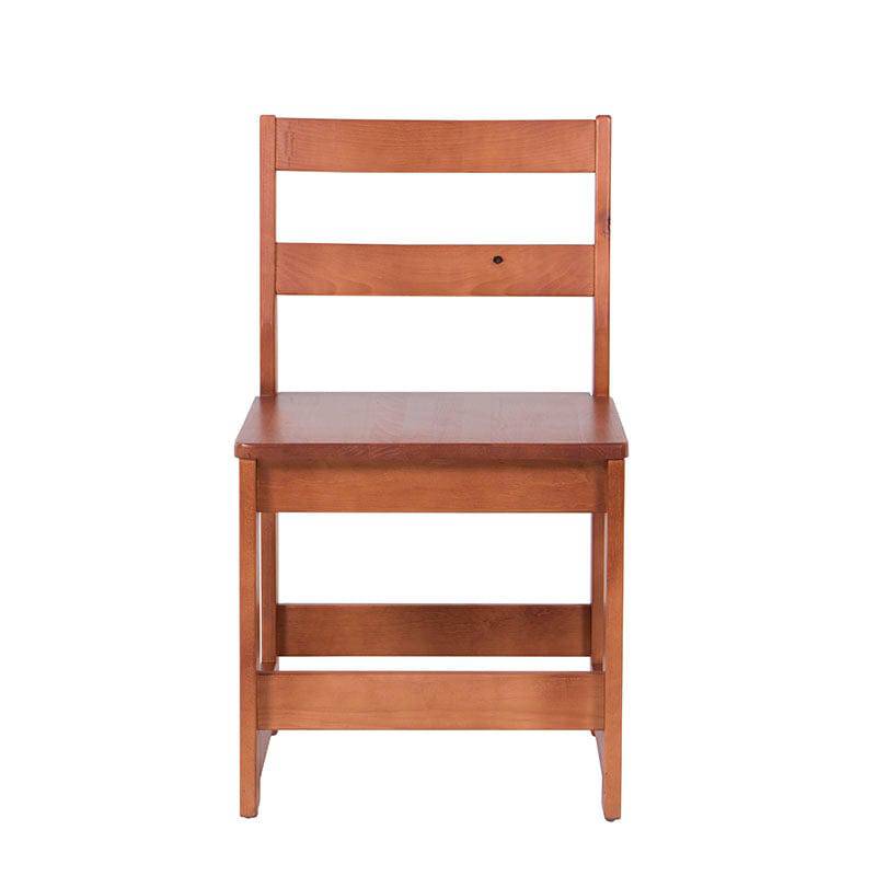 Silla para escritorio Texas de madera industrializada, en color nogal, con asiento y respaldo de madera, frente y vista lateral.