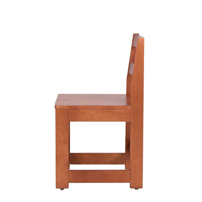 Silla para escritorio Texas de madera con diseño industrial, en color nogal, frente y vista lateral.