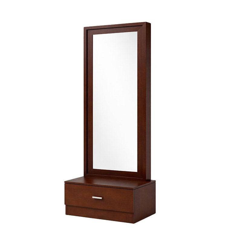 Espejo de pie Paris con cajón de madera oscura, marco elegante y superficie reflectante en acabado oscuro.