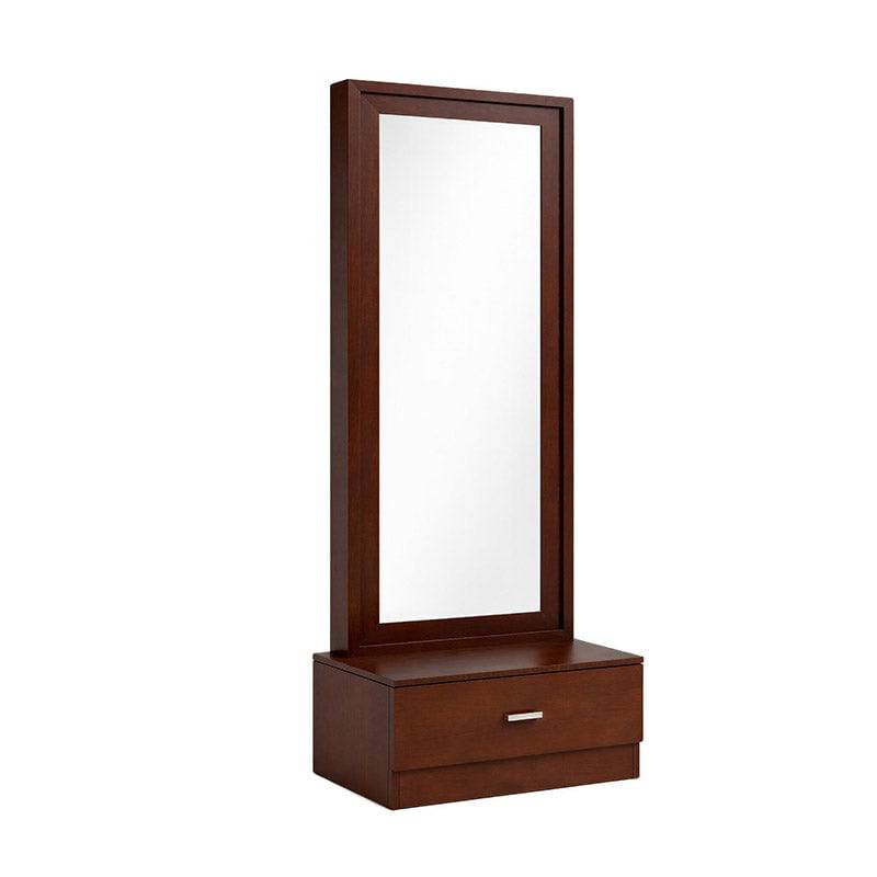 Espejo de pie con cajón de madera oscura, modelo París, para habitación moderna, deoupe.com.mx
