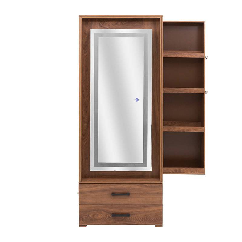 Espejo de pie Alejandria de madera industrializada con luz, de color nogal, de 70 cm de frente y 177 cm de alto, en estilo moderno.