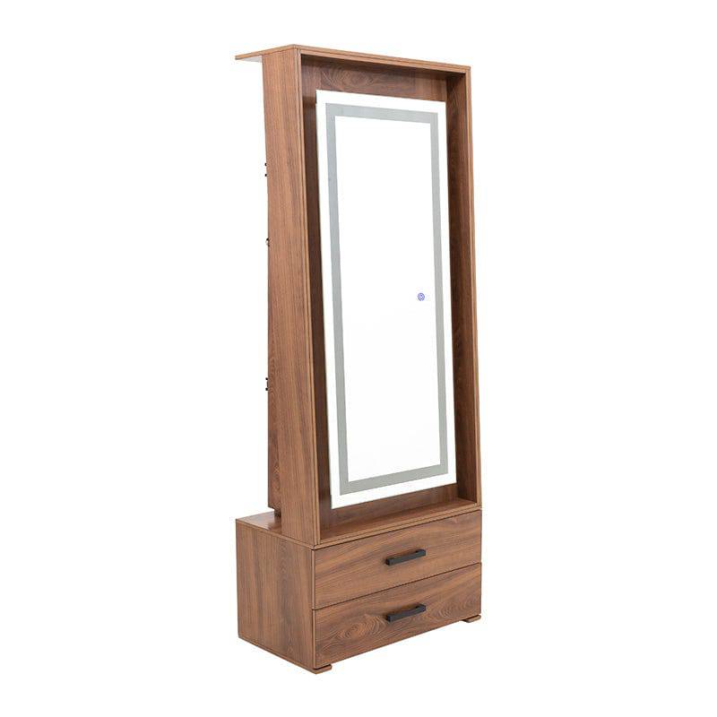 Espejo de pie Alejandria de Deurope con marco de madera nogal, luz integrada, tamaño 70x177x39 cm, estilo industrial.