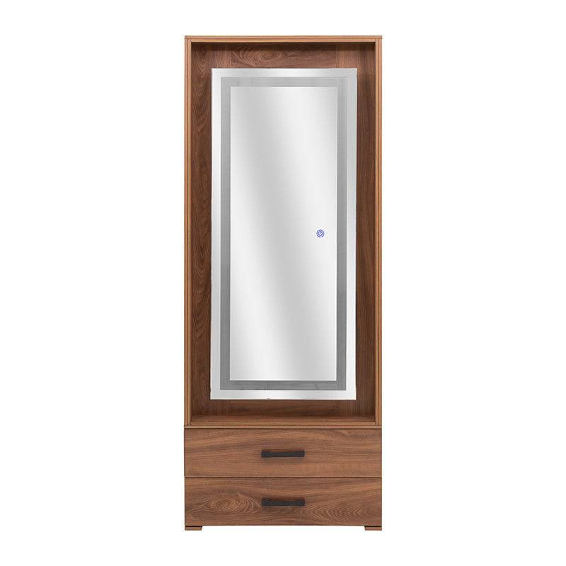Espejo de pie con luz, estilo industrial en madera nogal, de la recámara Alejandria de 5 piezas, frente de 70 cm, alto 177 cm.