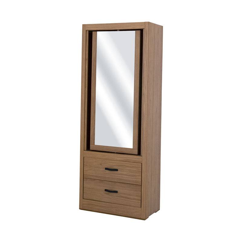 Espejos de pie Luna Allure de madera MDF con acabado nogal, 70 cm de ancho y 180 cm de alto, en un ambiente de recámara elegante.