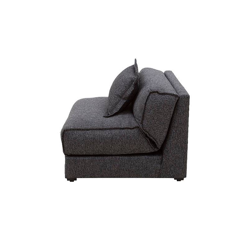 Futón Blux deurope.com.mx en tapiz gris tipo jaquard, con dimensiones de 86 cm alto, 62 cm fondo y 100 cm frente.