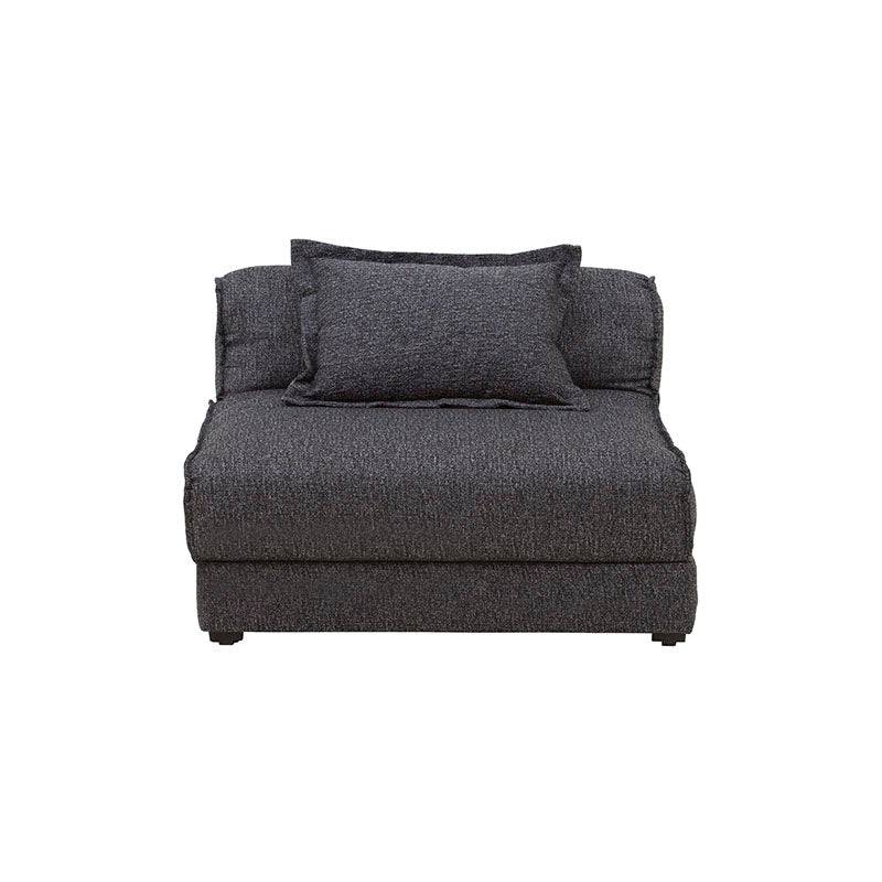Futón Blux de Deurope.com.mx en tapiz gris con textura tipo jaquard, 86 cm de ancho, 62 cm de alto y 100 cm de fondo.