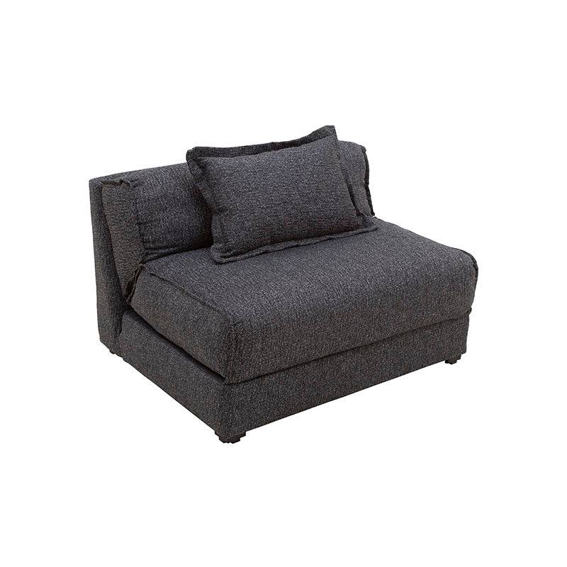 Futón Blux deoupe.com.mx con tapizado gris en tela tipo jaquard, frente de 86 cm, altura de 62 cm y fondo de 100 cm