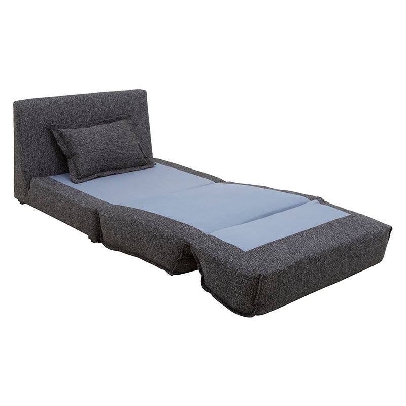 Futón Blux de deurope.com.mx en tapiz gris con textura tipo jaquard, con dimensiones de 86 cm de alto y 100 cm de fondo.