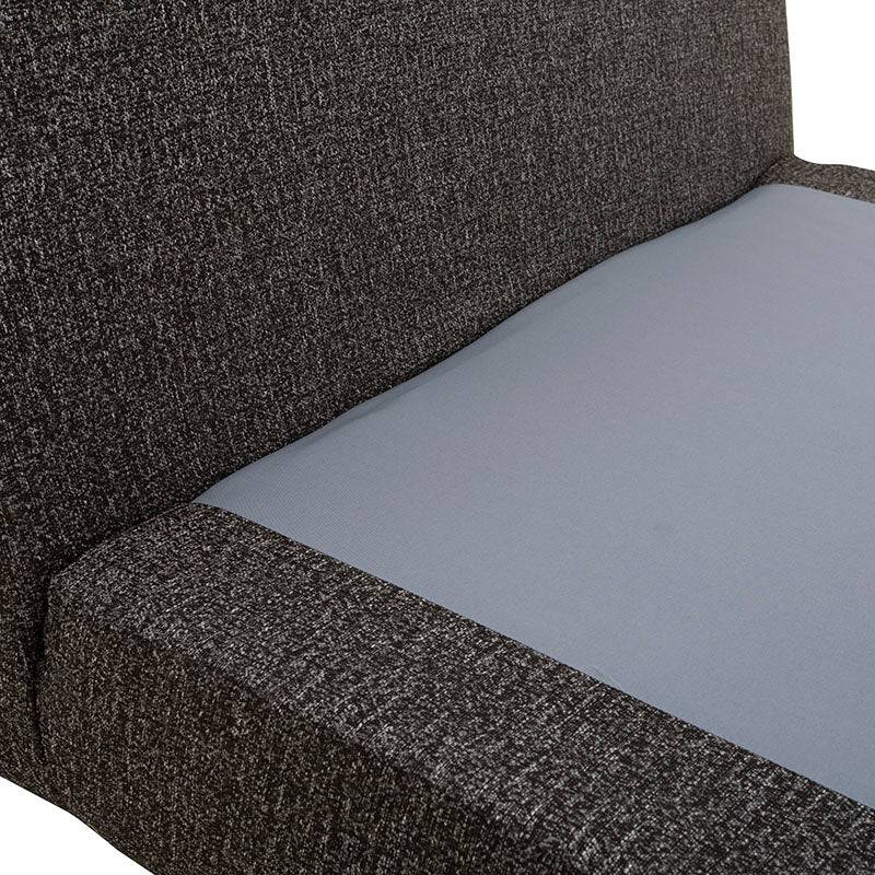 Futón Blux deurope.com.mx en tapiz gris tipo jaquard, con dimensiones de 86 cm de alto, 62 cm de fondo y 100 cm de frente.