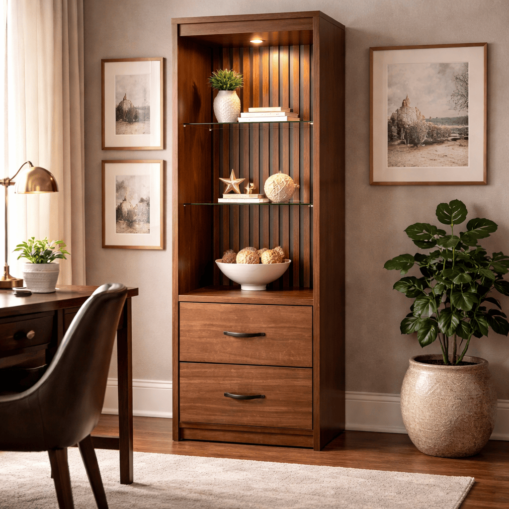 Exhibidor de madera Bourbon, deurope.com.mx, con estantes abiertos para exhibir libros o productos de forma elegante.