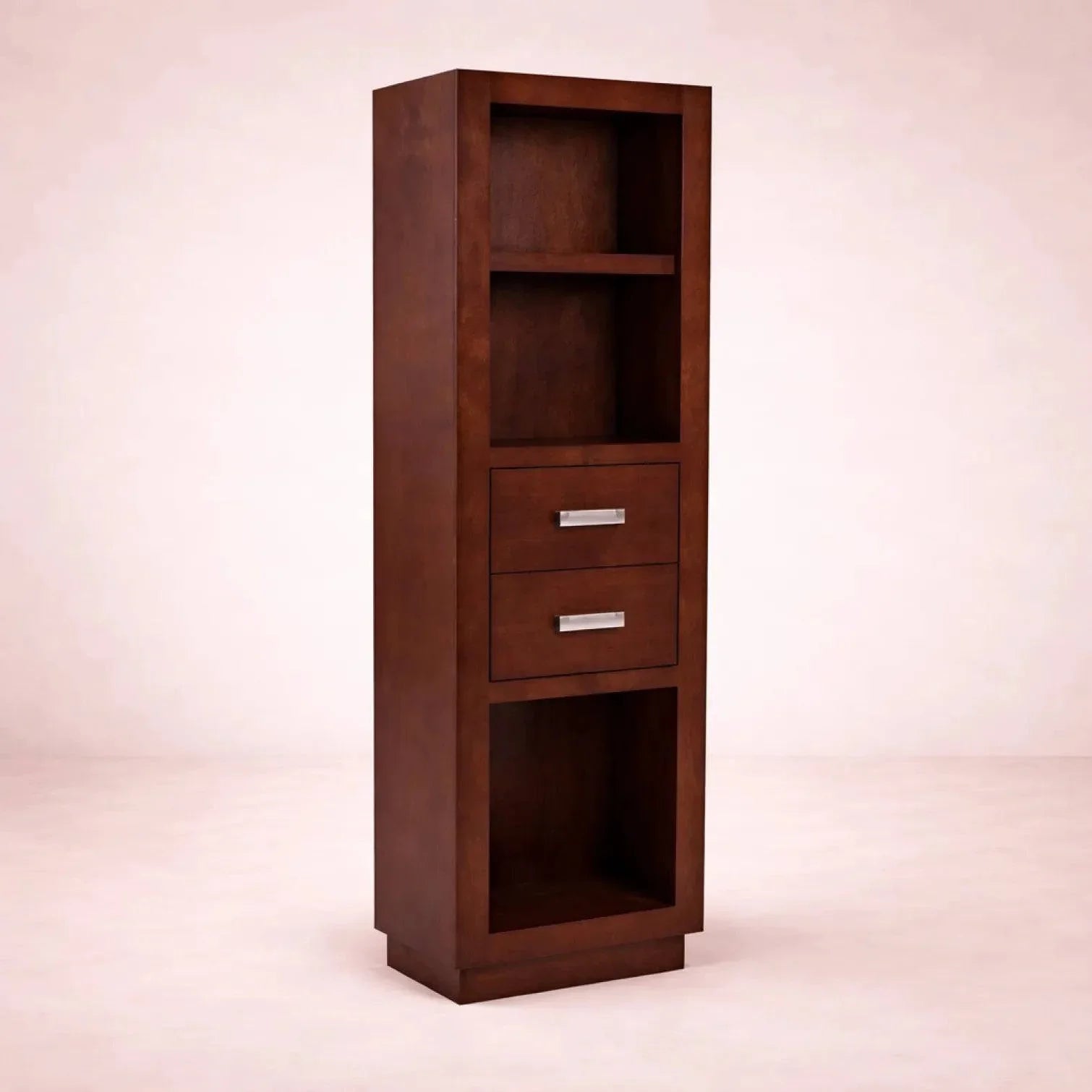 Librero Quebec de madera de banak con chapa de encino y okume, frente de 60 cm, alto 180 cm, fondo 35 cm, marca deurope.com.mx.