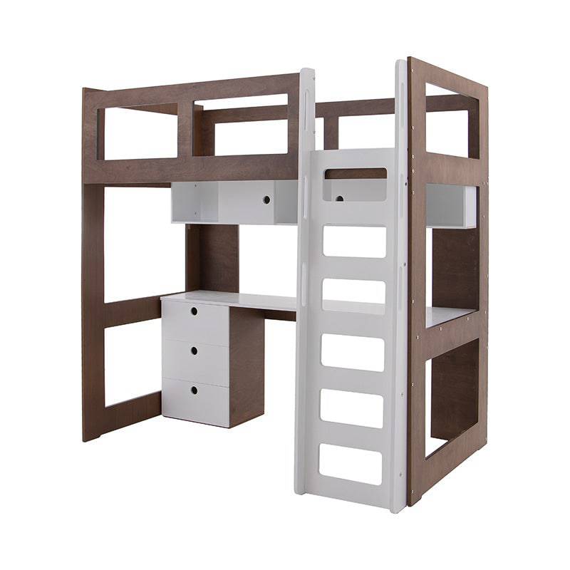 Cama alta con escritorio de color blanco y nogal, estructura de madera industrializada, frente de 200 cm de altura.